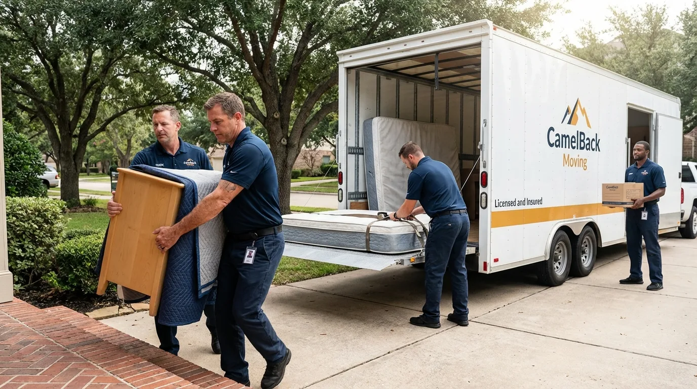 Crew loading residential truck for cross-state move from Oakland, ME