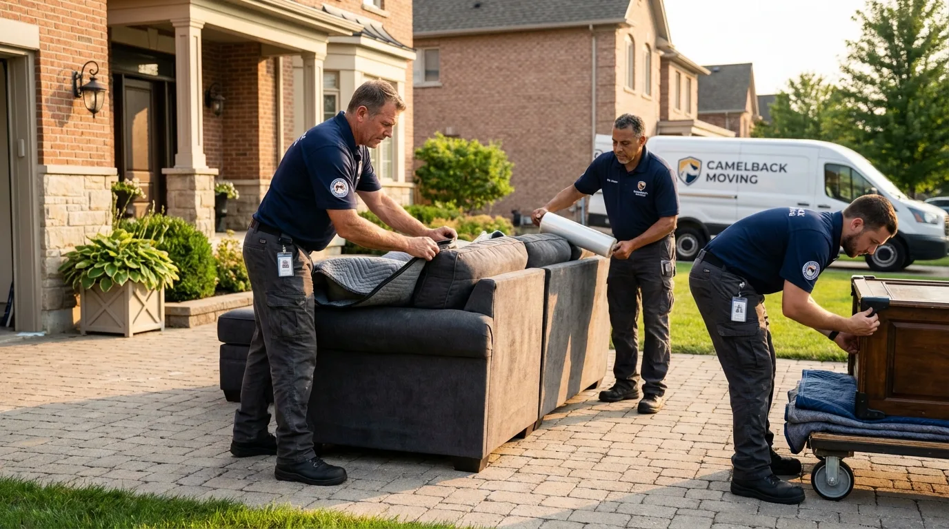 Large estate moving crew wrapping furniture in Oakland, ME