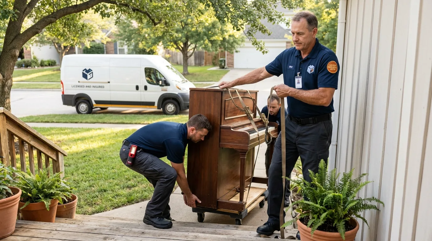 Licensed piano movers securing grand piano in Oakland, ME