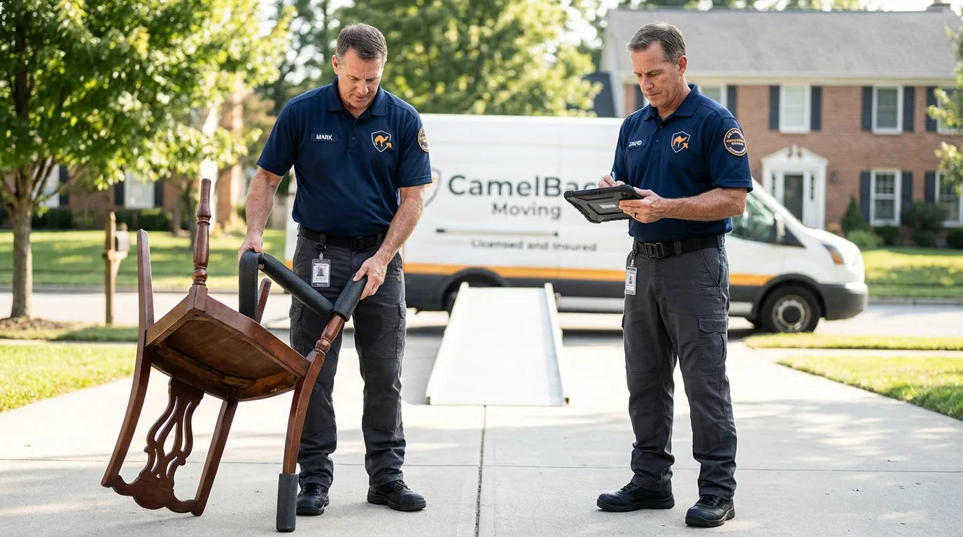 Movers inspecting furniture for damage prevention before loading in Oakland, ME