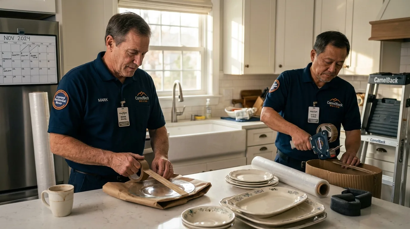 Professional crew packing kitchen dishware in Oakland, ME